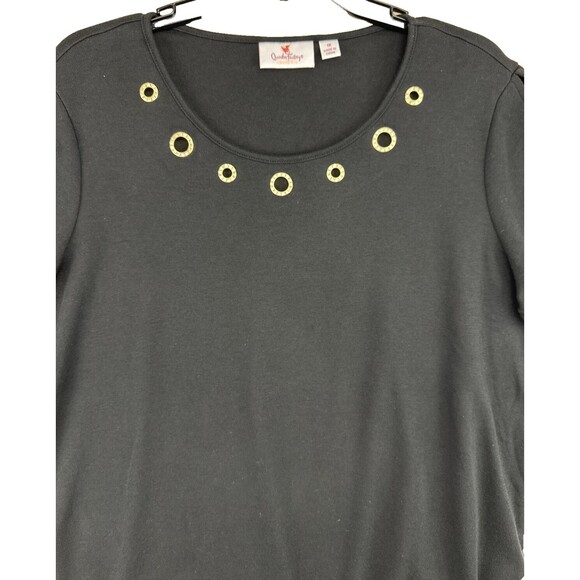 Quacker Factory Blouse Women 1X Black Rhinestone Gold Grommet Knot Open Cuff Top - Picture 2 of 10